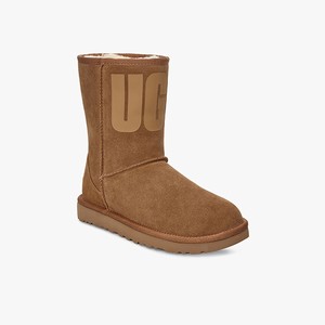 Ugg Classic Short Rubber Logo Klassiska Stövlar Dam Bruna (968413VKQ)